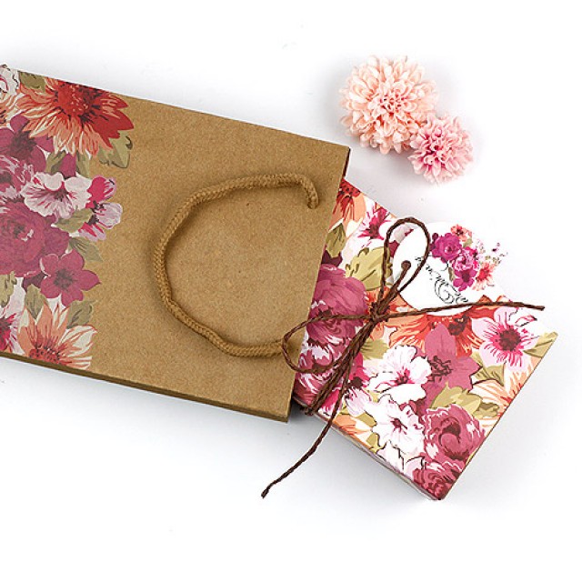 禮物盒子 DIY材料 牛皮紙花朵禮物盒+提袋組合 禮物包裝好選擇