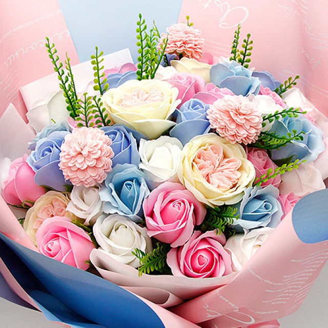 玫瑰香皂花束-粉藍色